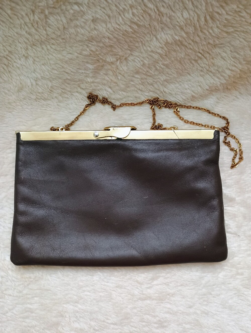 Vintage Etra Genuine Leather Frame Clutch Evening Bag Gold Chain Brown